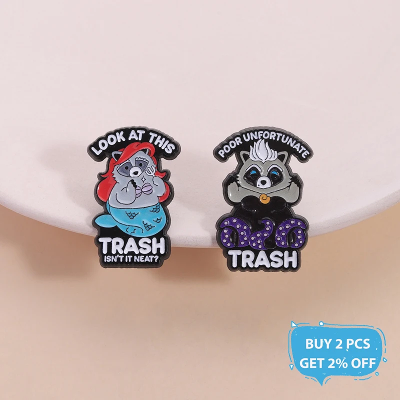 Funny Mermaid Raccoon Enamel Pins Poor Unfoetunate Trash Cartoon Animal Trash Panda Brooch Lapel Badge Jewelry Gifts for Friends