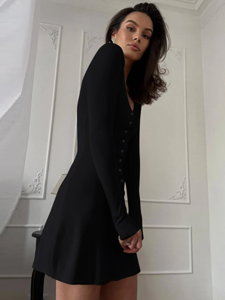Tossy Fashion V-Neck Mini Dress For Women Long Sleeves Solid High-Waisted Charm Slim Party Dress Evening Female Mini Dress 2025