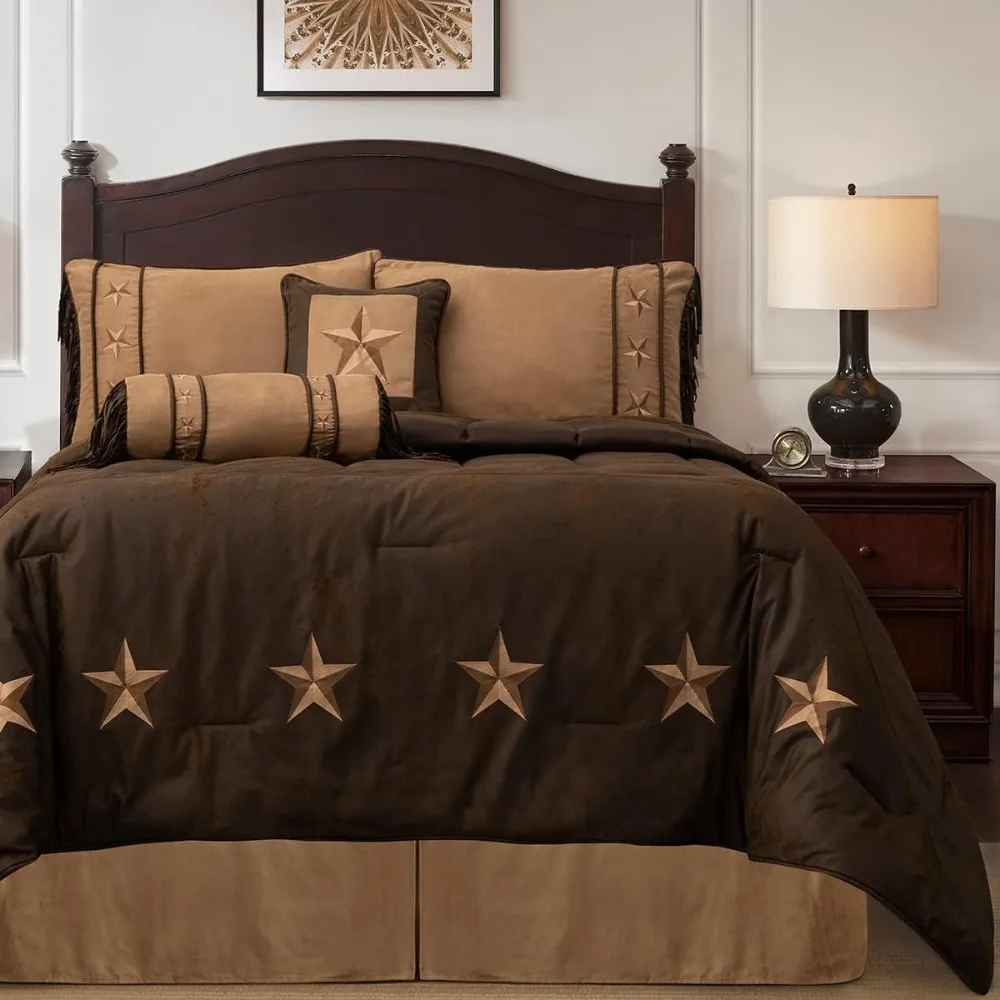 Laredo Rustic Bedding 6 Piece Super King Comforter Set, Brown Faux Leather Embroidered Western Star Bed Set