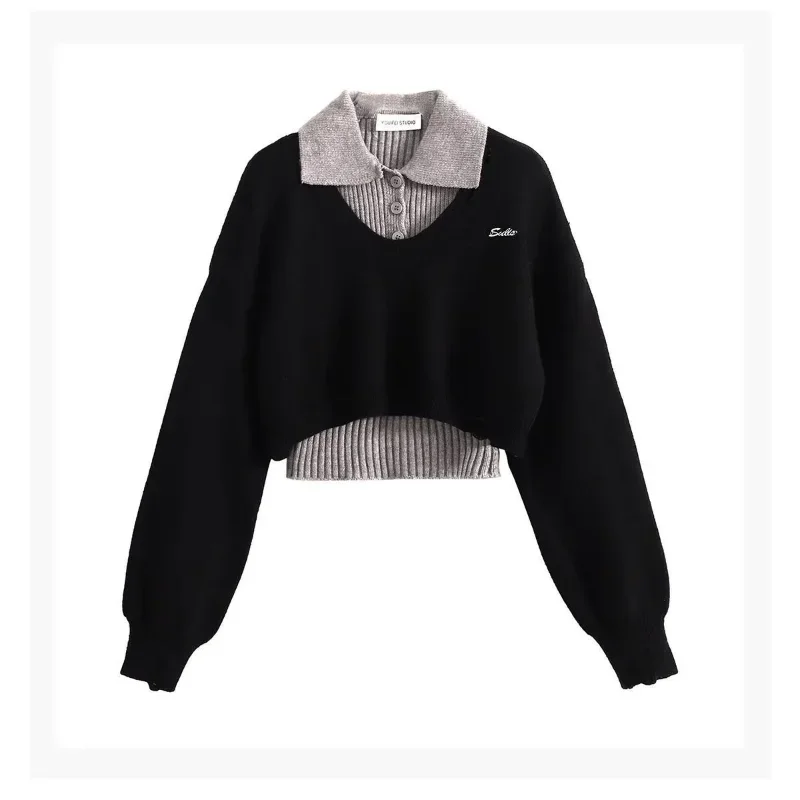 

Свитер с воротником-поло Design Sense, топ из двух частей, осенний новый американский короткий свитер для женщин