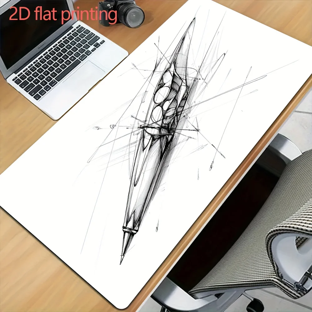 Sketch Mechanical Pencil Large Desk Mat, Non-Slip Rubber Mouse Pad with Stitched Edges, Aesthetic Line Art Keyboard Pad