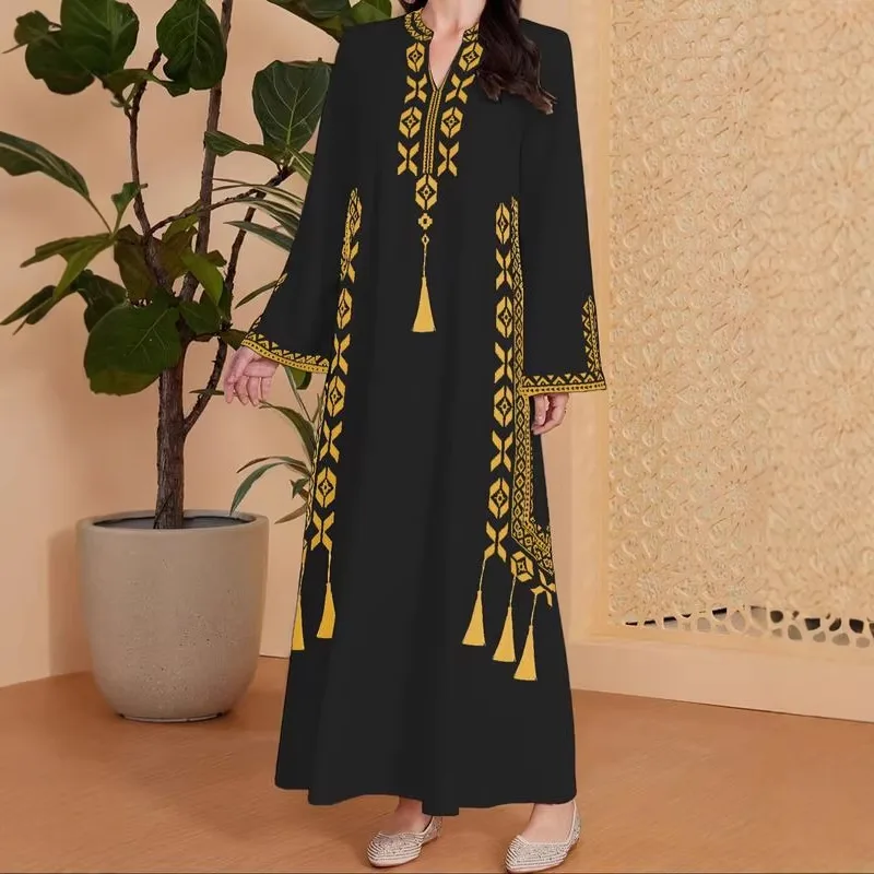 

New middle eastern v-neck deep print robe, loose fit women's arabic dress, turkish dress, everyday versatile style
