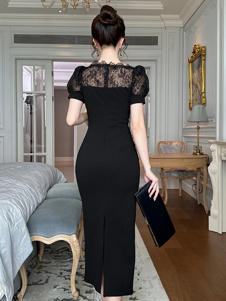 Damska Sukienka Czarna Przezroczysta Seksowna Bufiaste Rękawy Wąska Midi Ołówkowa Elegancka Moda Damska Wieczorowa Impreza Vestidos Formalna Okazja