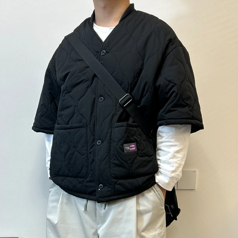 اليابانية الرجعية فضفاضة المناسب خندق معطف سترة الرجال قصيرة الأكمام الماس منقوشة الداخلية بطانة سترة قطن العصرية #4