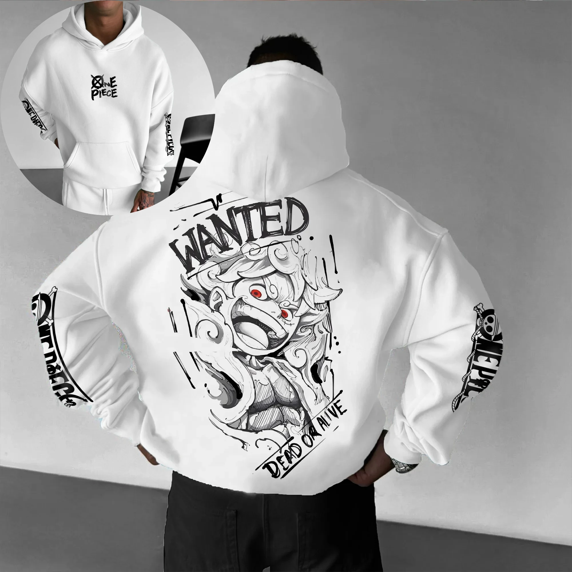 Bluza męska One Piece Luffy Wanted Dead or Alive z białym kapturem, nadruk na plecach, bawełna, casual, długi rękaw, jesień-zima, streetwear