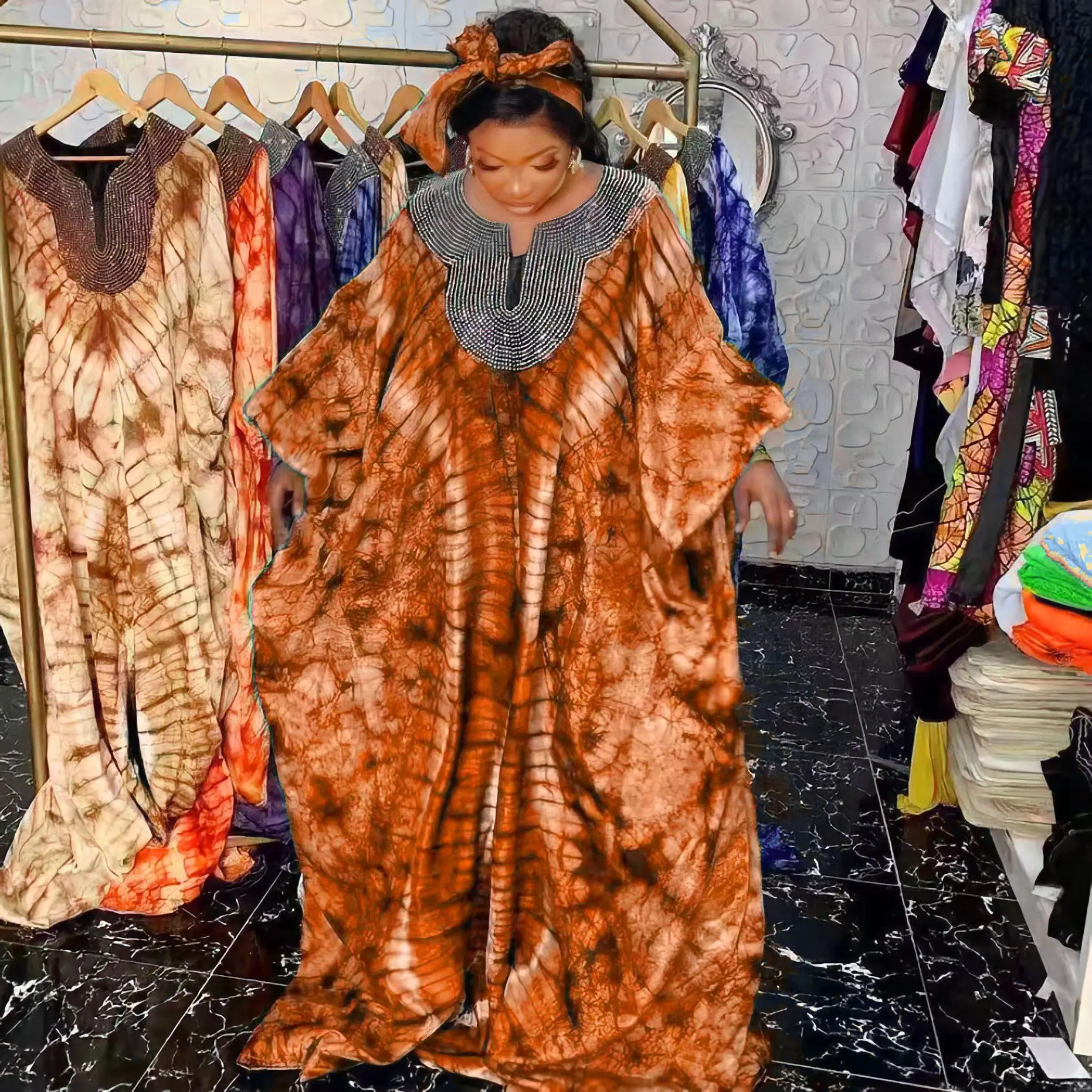 

African Dresses for Women 2023 Traditional Ladies Caftan Dress Abaya Muslim Robe Africaine Femme Clothes With Headtie