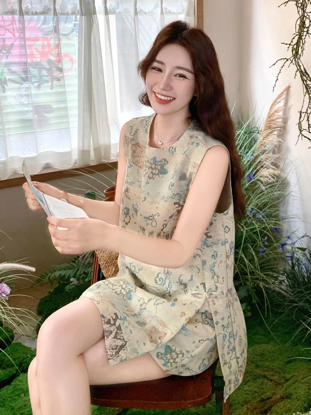 Retro Chinese Sle Printed Side Button Set Women's Summer Design round Ne Svel Vest orts Two Piece Set