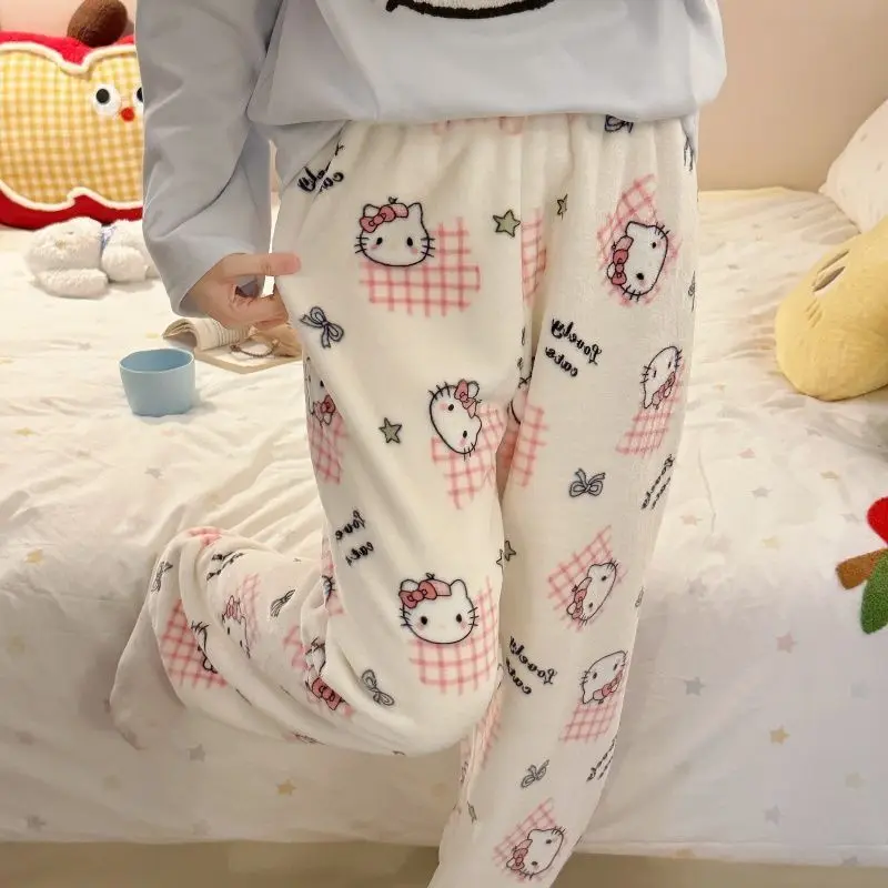Sanrio 헬로 키티 여성 Y2K 파자마 바지 카와이 만화 겨울 따뜻한 잠옷 바지 산호 양털 잠옷 바지 홈웨어 New
