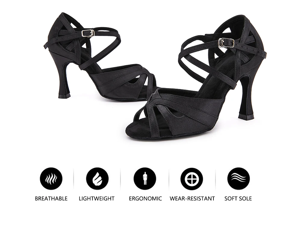 CINMIDY Damen Tanzschuhe aus schwarzem Seidensatin, Tango-Ballsaal-Tanzschuhe mit hohen Absätzen, Salsa-Übungssandalen für Mädchen und Damen, Partyschuhe – Detail 3