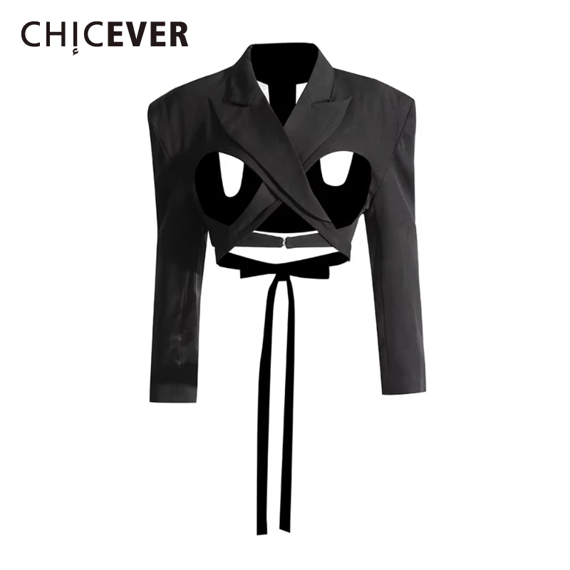 

CHICEVER сексуальный дизайнерский короткий пиджак с вырезом для женщин, лоскутное пальто с зубчатым воротником и длинными рукавами на шнуровке, женская модная одежда