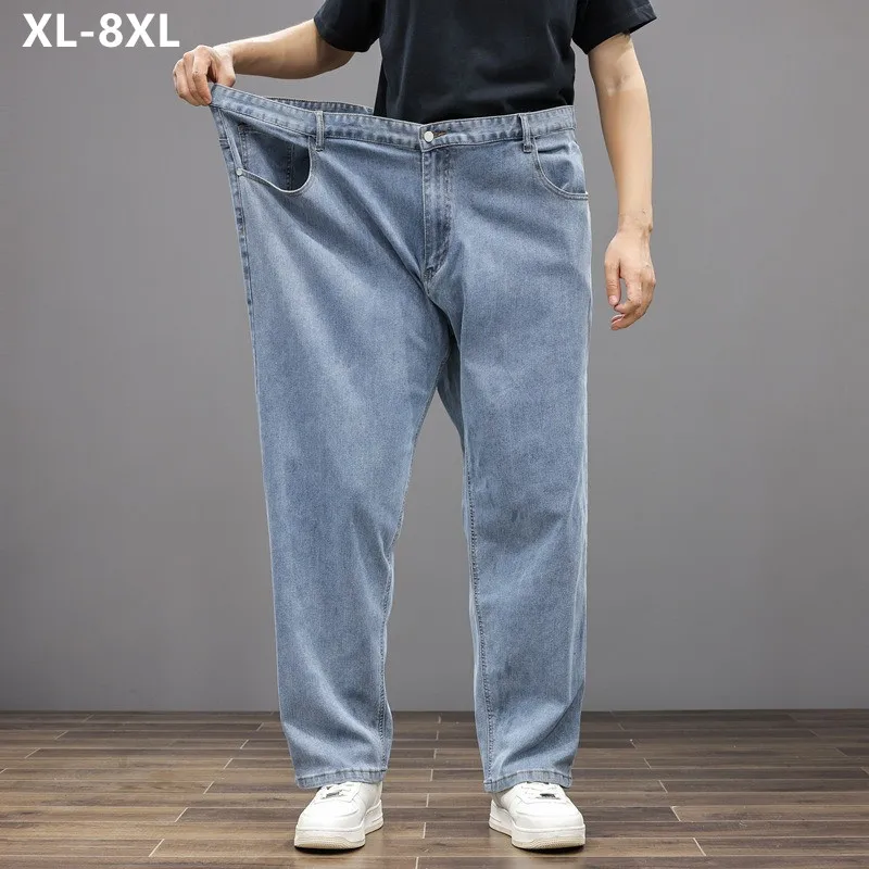 

200KG Men Jeans 8XL Summer Thin Straight Wide Leg Plus Size Denim Trousers Large Male Stretched 5XL 6XL 7XL Comfortable Pants