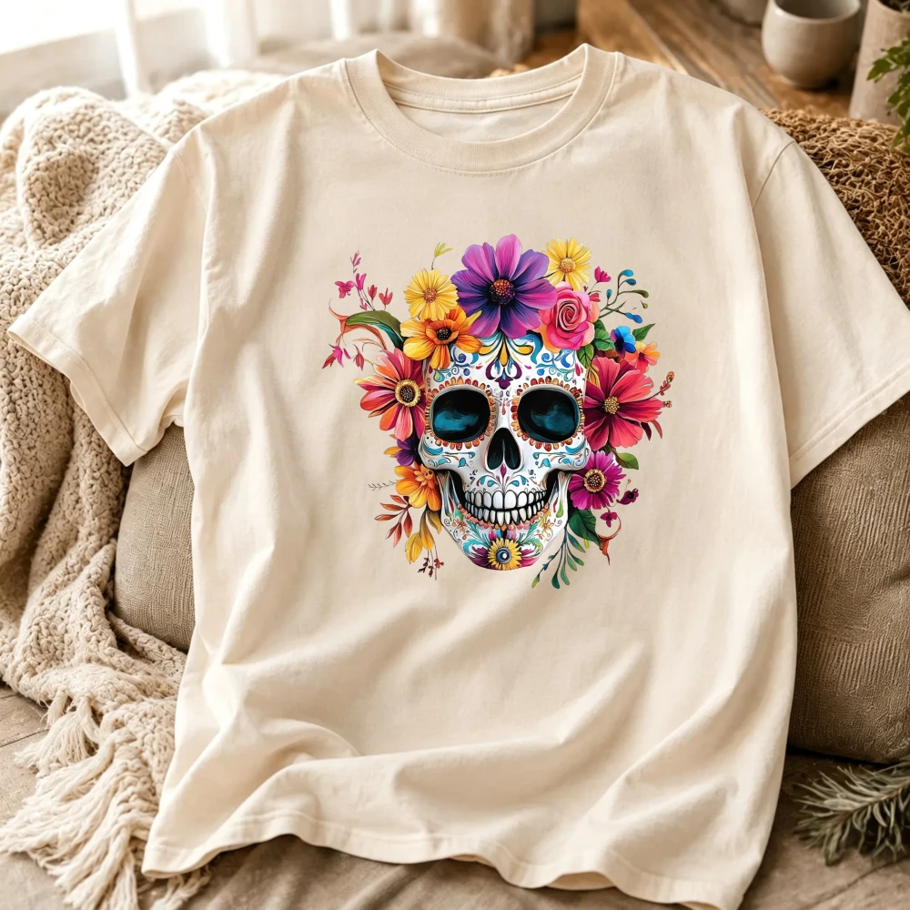 Colorful Floral Sugar Skull Graphic T‑Shirt Mexican Day of The Dead Flower Crown Skull Print Short Sleeve Crew Neck Casual Tops