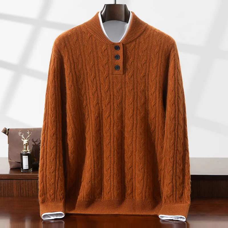 

100% Pure Cashmere Sweater New Men's Sweater Baseball Collar Button Cable Knit Sweater Casual High Neck Warm Pullover