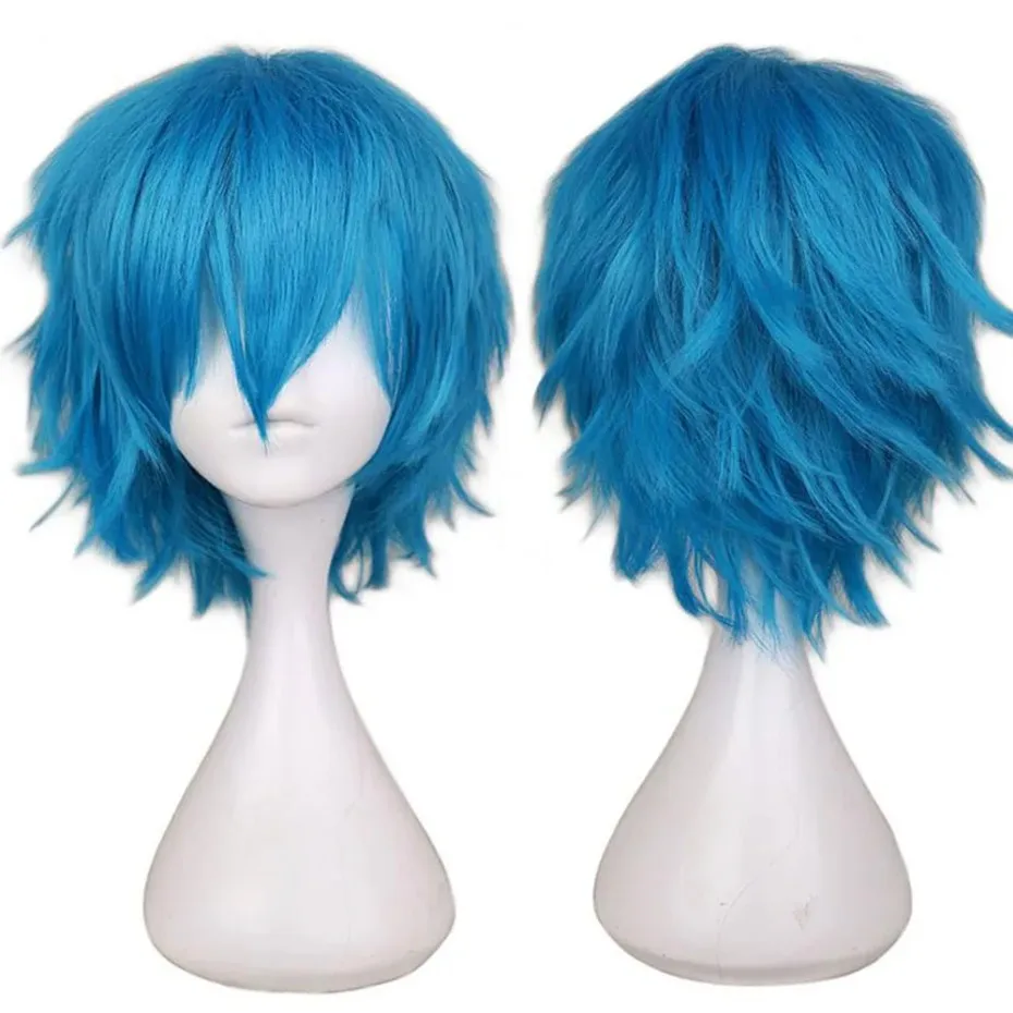 Halloween Party Anime Sally Face mask inspired Wig Blue Short Synthetic Cosplay Wigs Heat Resistance Party Wigs