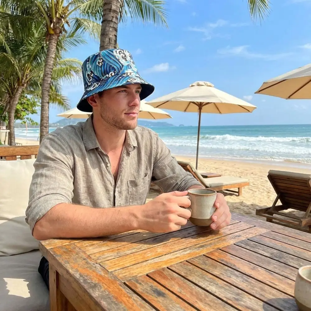 Trendy Packable Reversible Bucket Hat Sea Waves Pattern UV Protection Sun Hat Durable Lightweight Beach Cap For Men Women