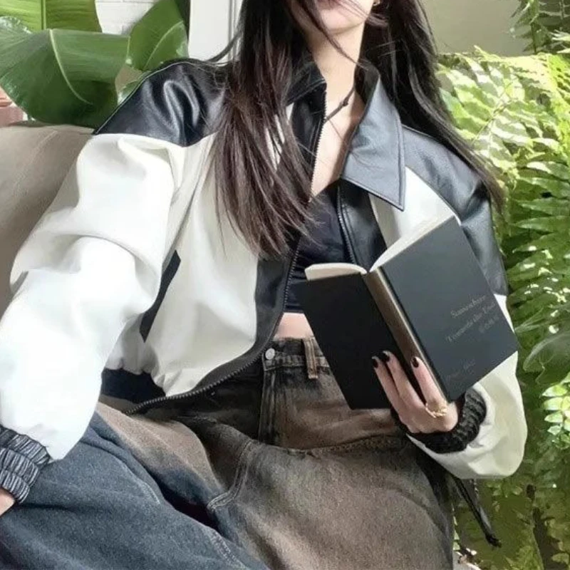 Veste de moto en cuir noir et blanc vintage américain pour femme, veste de style baseball haut de gamme populaire 2025, tendance.