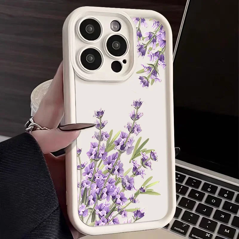 ラベンダーの花柄 iPhone 16 17Pro Max ケース、iPhone 11 12 13 14 15 Pro Max 用耐衝撃バンパーソフトシリコンカバー