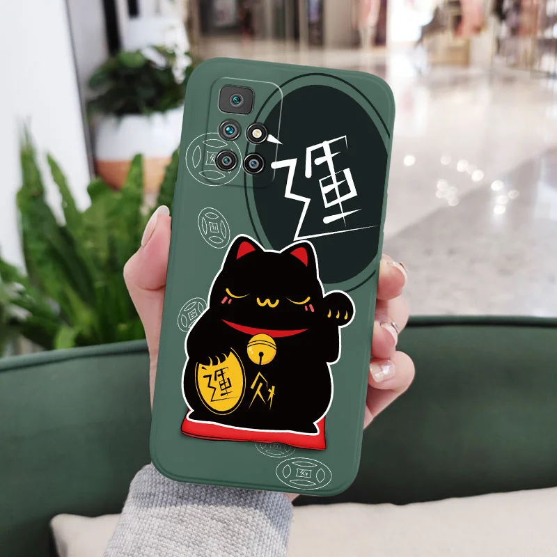 Funda de teléfono de gato de la buena suerte, cubierta de silicona líquida para Xiaomi Redmi 13C, 12, 12C, 10, 10C, 10A, 9, 9T, 9A, 4G, 5G