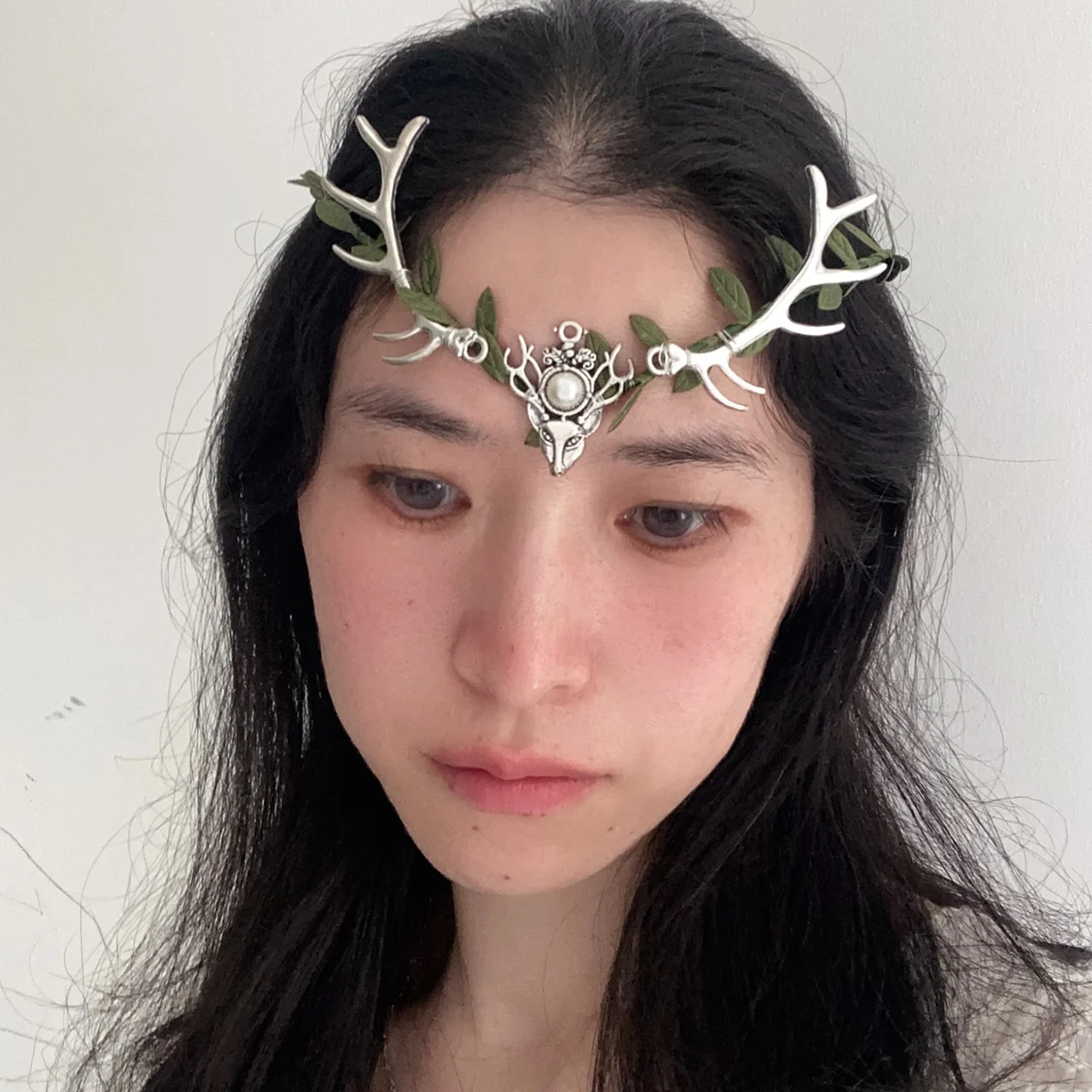 Elven crown  Green leaves  Deer Antlers Vintage Hair Accessory Bridal Headpiece Woodland Fairy Tiara