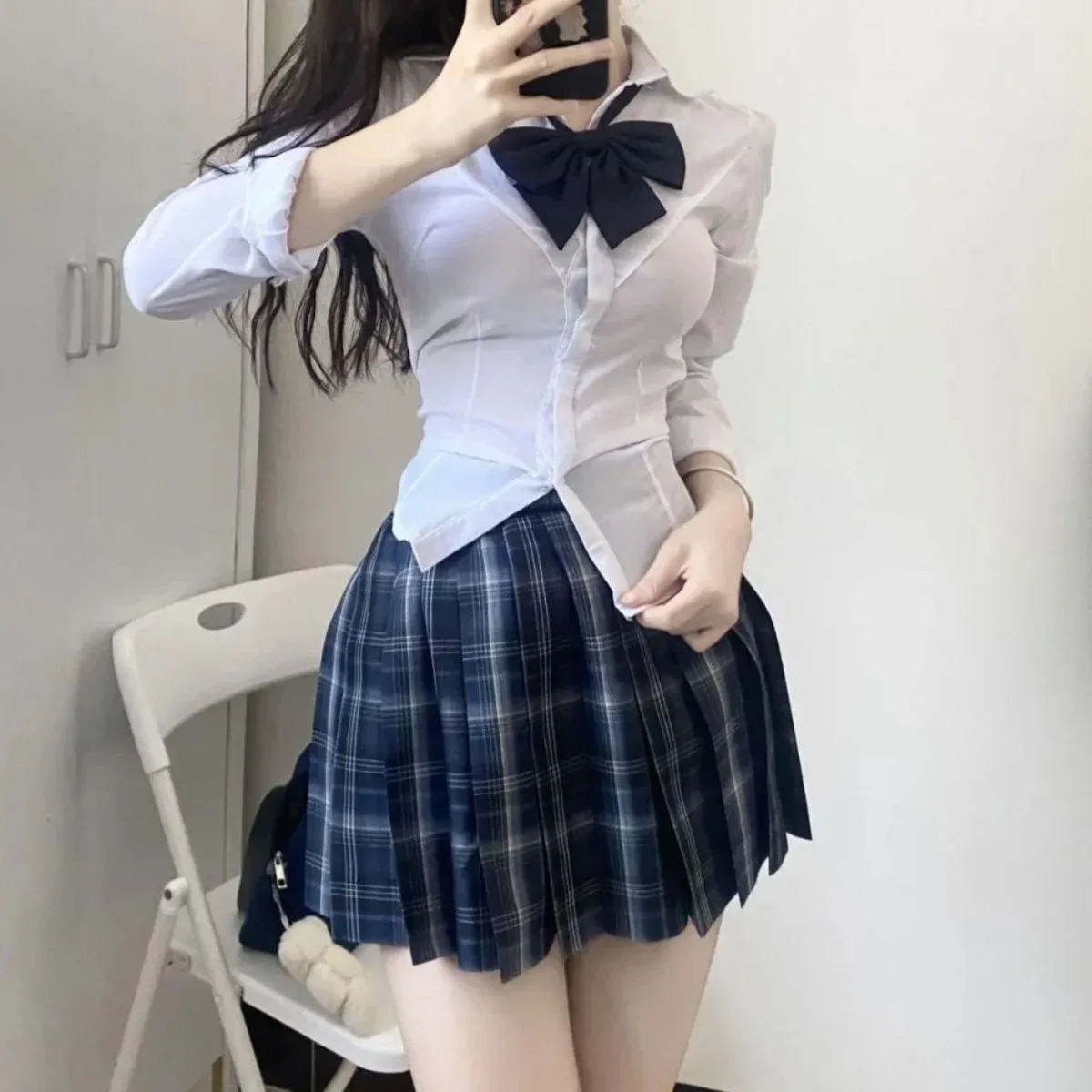 S-8xl plus size American Jk school uniform original uniform bow pleated skirt college style slim shirt high waist skirt suit