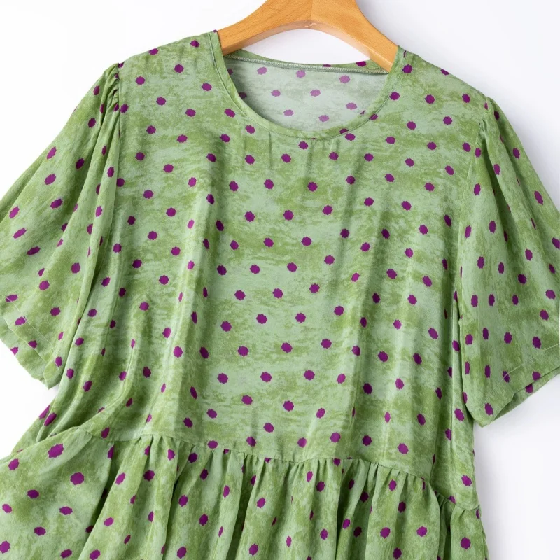 Birdtree, 100% Real Silk Dot Print Tshirt, O-neck Short Sleeve Tops, Women Double Crepe Loose Shirt, 2026 Autumn New T67513JF