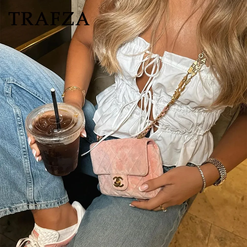 TRAFZA 2024 Spring Summer Sexy Poplin Women Tops Fashion Streetwear Solid Folds Sleeveless Camis Chic Lace Up Short Mini Tops