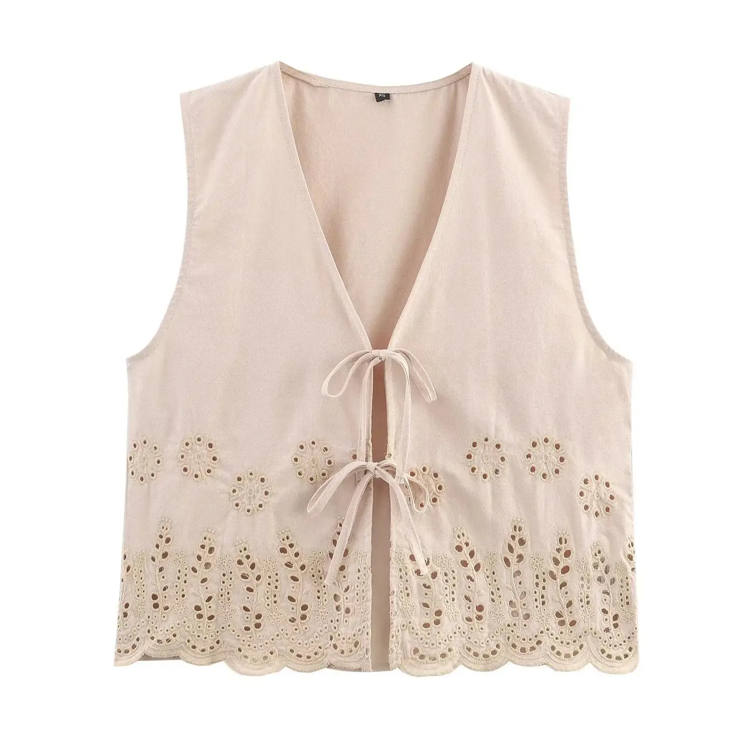 Summer Floral Embroidery V-neck Blouses Women Sleeveless Lace Up Tops