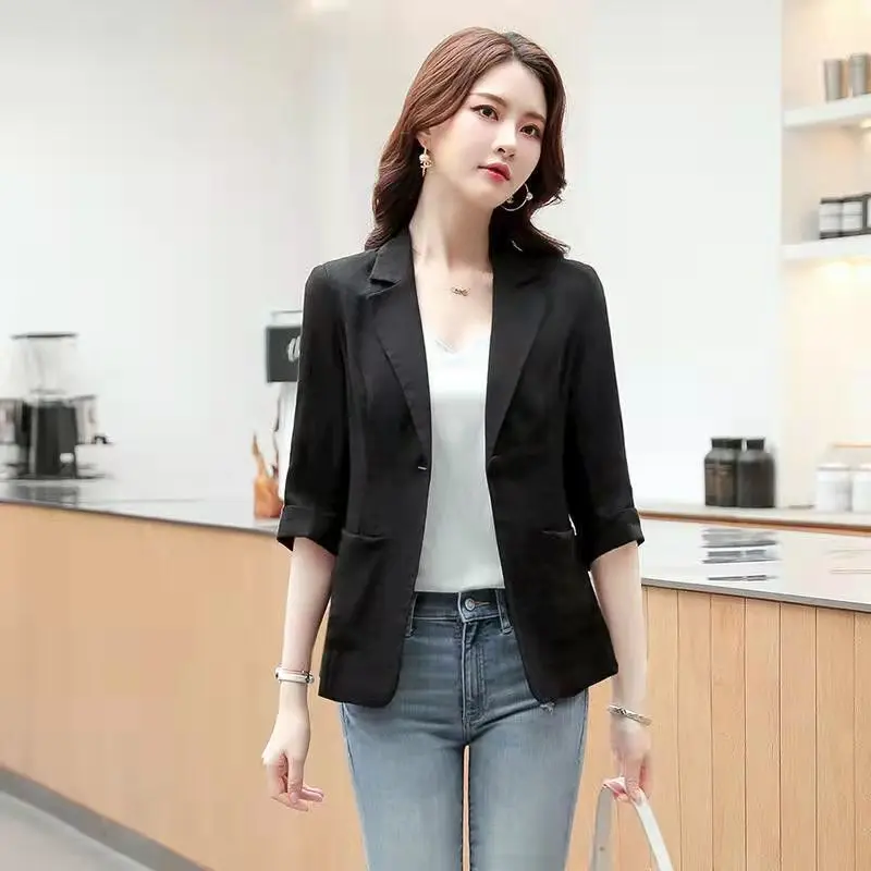 Women\'s Suit Jacket Summer Style Fashion White Seven-point Sleeve Office Ladies Casual Short Paragraph Cotton linen Blazer B24