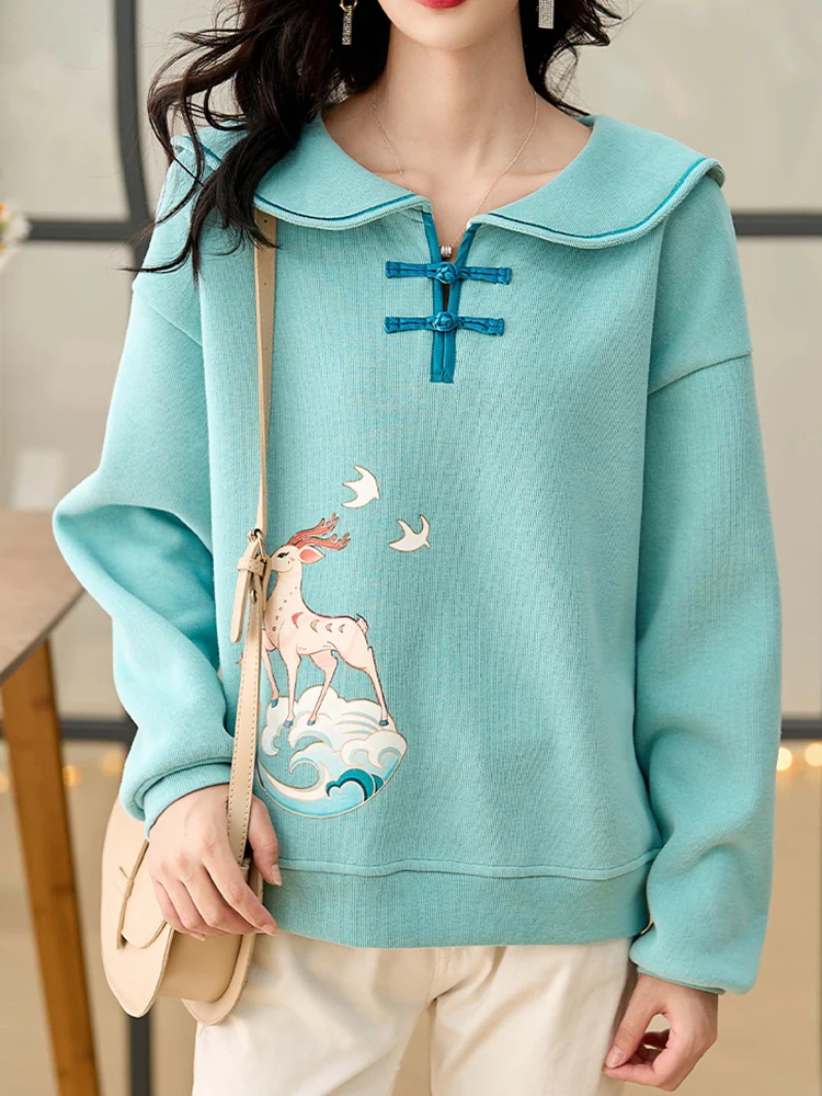 Chinese Style Thick Velvet Pullovers Loose Doll Collar Temperament Hoodie Female Sweatshirts Women Winter Warm Tops Jumper Retro