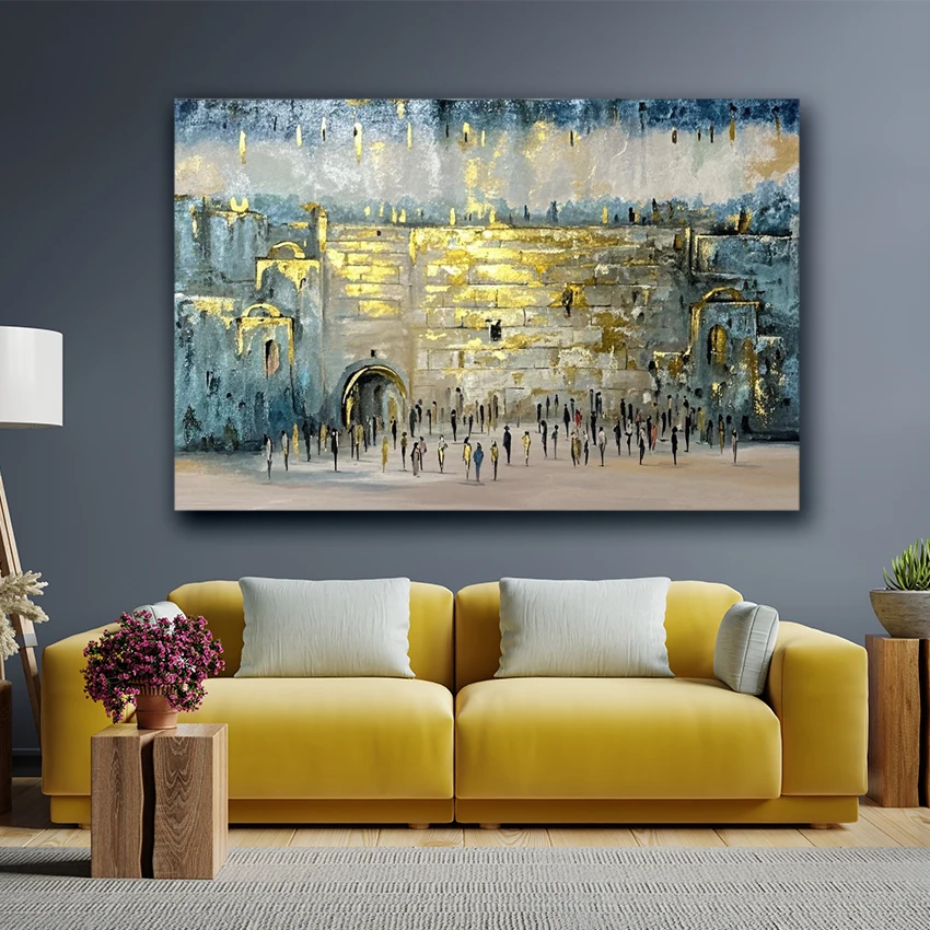 Customize Paintings Jewish Prayer on Jerusalem Walls, Luxury Large Wall Oil Painting Canvas Art, Gold Foil Judaism Israel Art