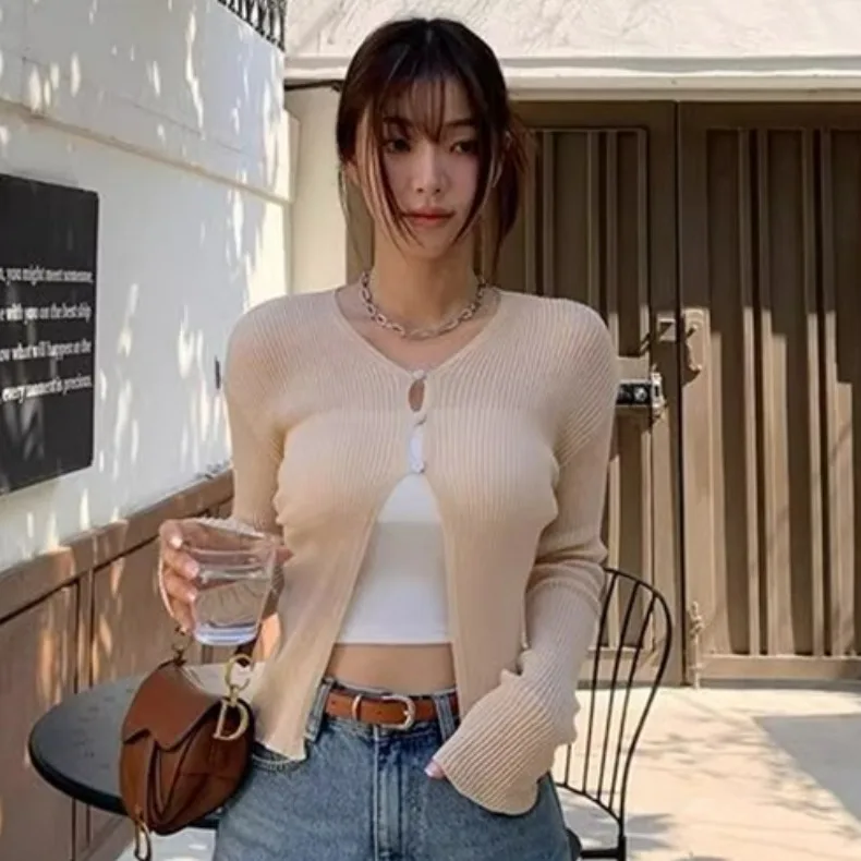 Autunno 2025 Dongda Gate Early New Sle Donna Slim Fit Lungo Sve Cardigan aperto lavorato a maglia Colore puro Versatile Top in maglia sottile