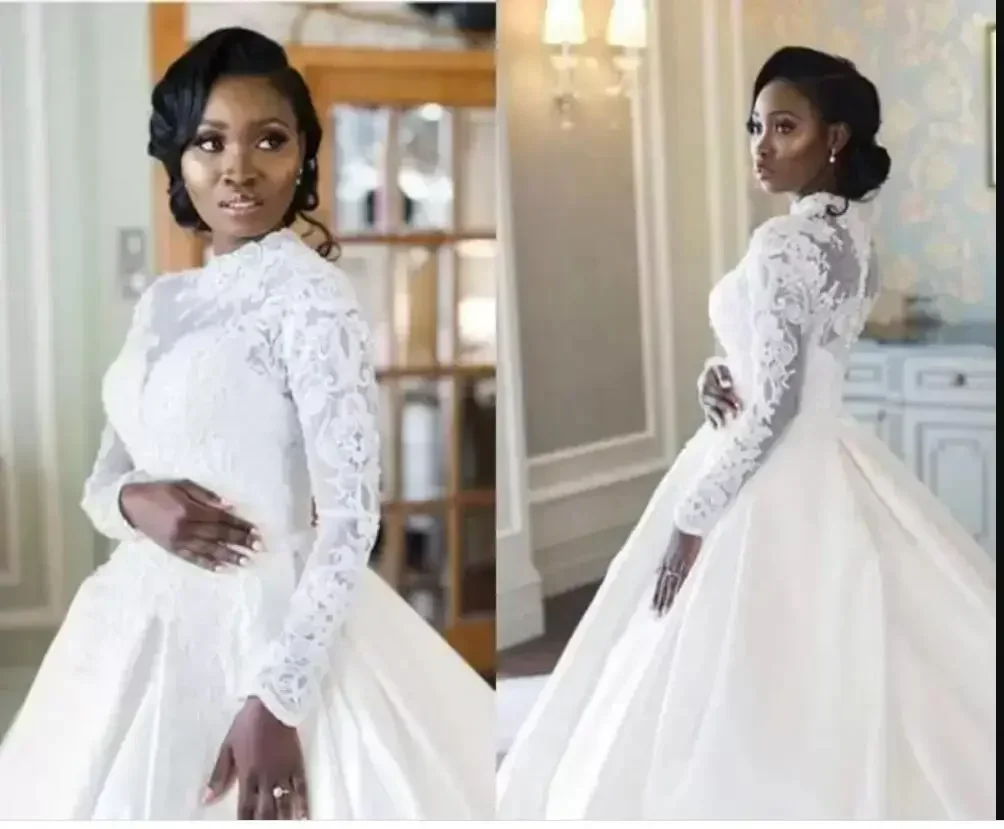 

Customized African Plus Size Wedding Dresses Chapel Train Vestidos De Novia Long Sleeves Lace Appliques Bridal Gown