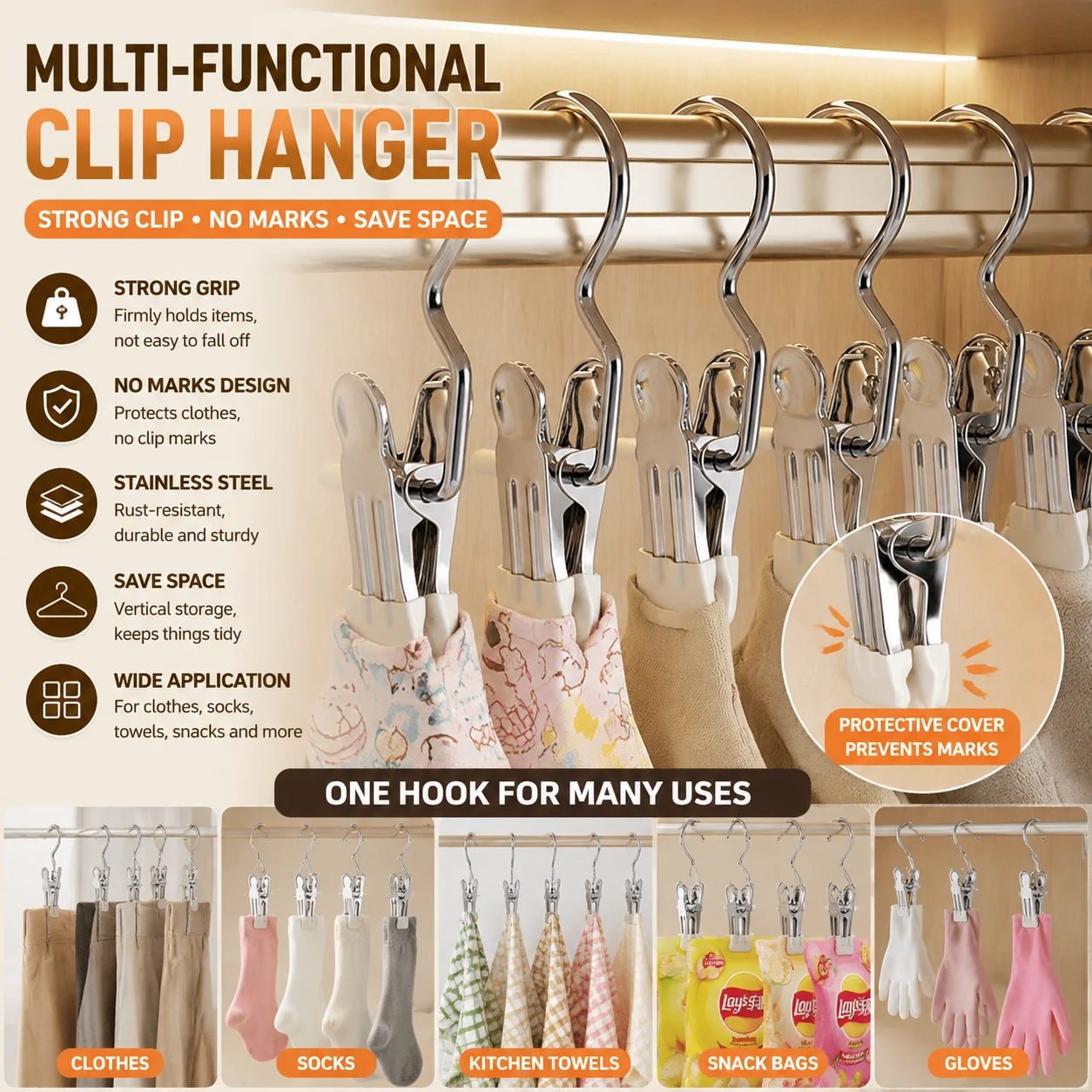 Multi-Functional Stainless Steel Clip Hanger – Strong Grip,No Marks, Vertical Space-Saving,Rustproof&Durable,for Clothes, Socks