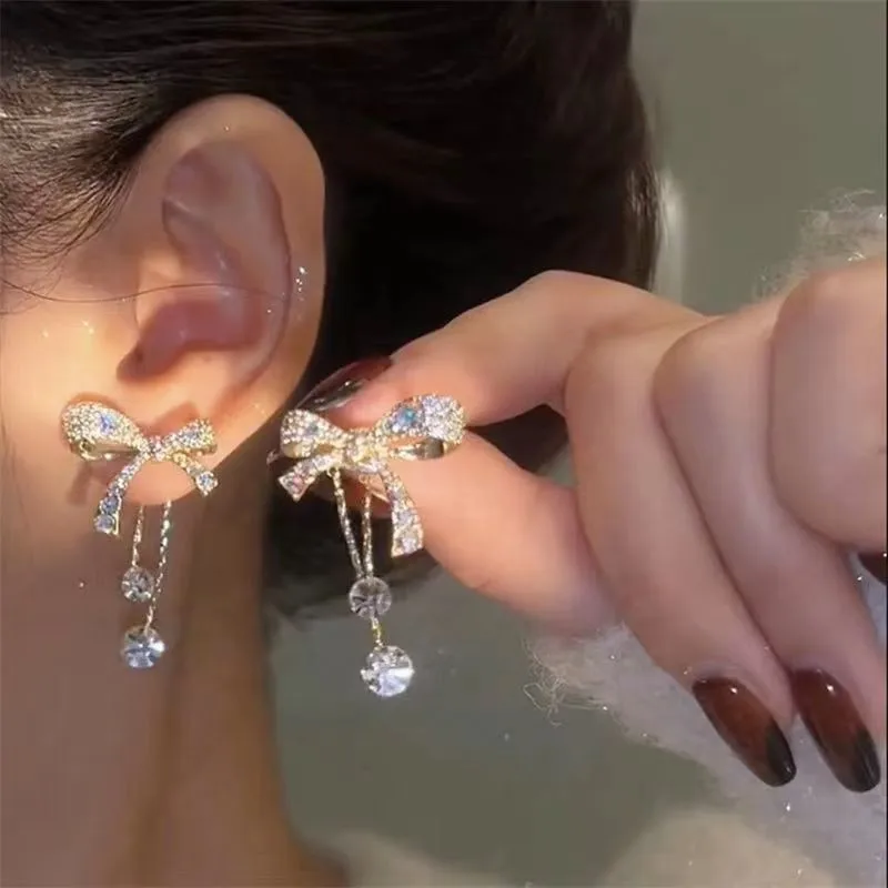 luxury Zircon Long Tassel Cat Earrings For Women Full Rhinestone Cute Kitten Fashion Drop Earrings Jewelry Wedding Birthday Gift