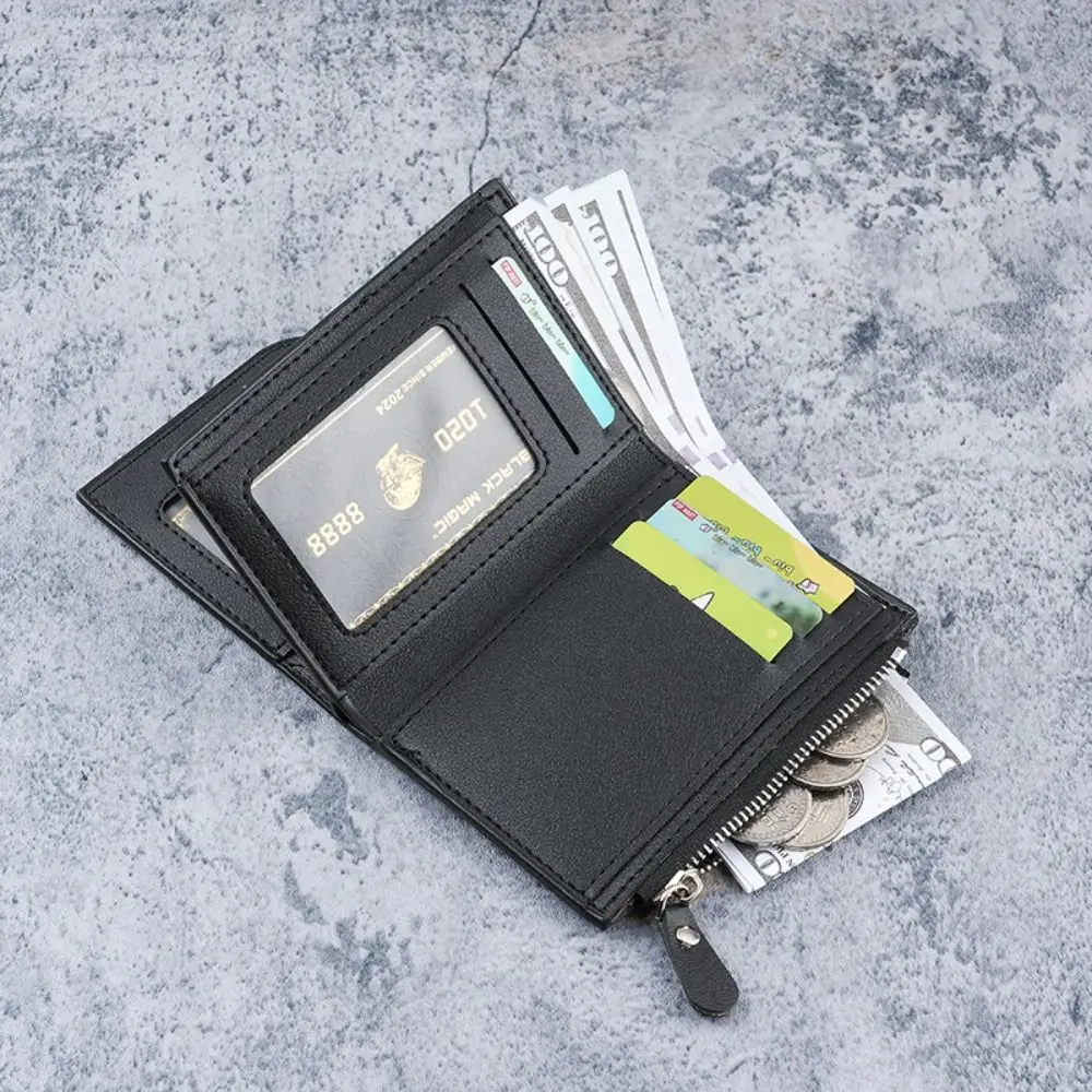 Carteira curta de couro PU da moda com zíper Bolsa de telefone fina porta-cartões de cor sólida masculina
