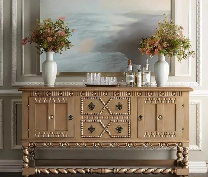 A French retro solid wood dining side cabinet modern medieval damper living room decoration light luxury door cabinet