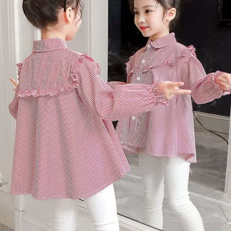 

2022 Spring New Girls Elegant Striped Shirt Children's Baby Korean Version Of Long-sleeved Blouse Shirt Top Fashion Blouses Kids