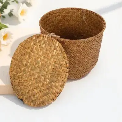 

Desktop Storage Organizer Box Natural Seagrass Basket Multi Functional Sundries Snack Storage Organizer for Home Office