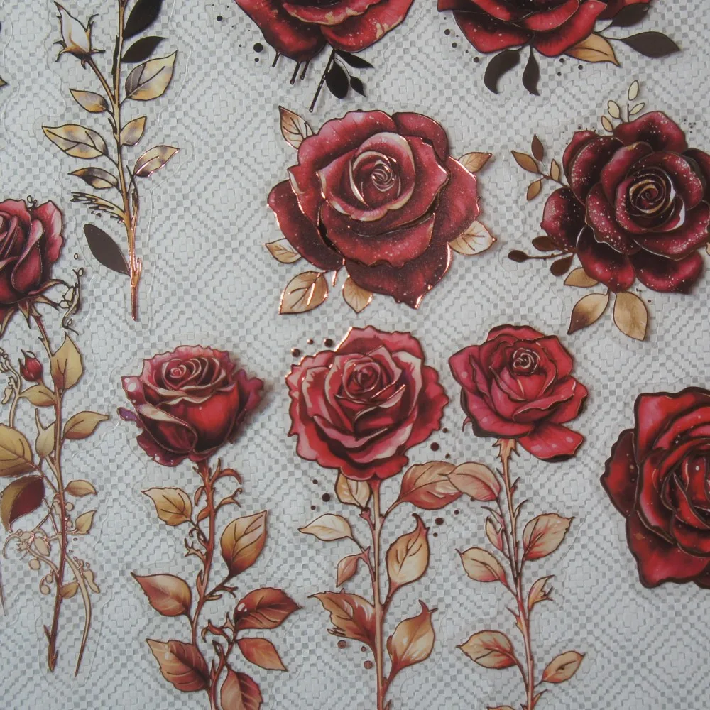 10 Pcs Gold Line Rose Blooming in The Middle of The Night Design PVC Sticker Scrapbooking DIY Gift Decoration Tag view 5