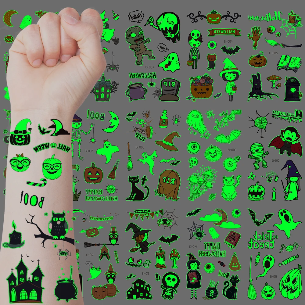 Glow in the Dark Halloween Temporary Tattoos for Adults - Scary Skeleton Ghost Spider Web Luminous Face Body Art Stickers