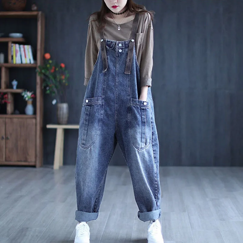 

Denim Suspenders Women Spring Autumn New Large Size Retro Loose Haren Pants Female Casual Harlan Jeans Long Pants Jumpsuit Blue