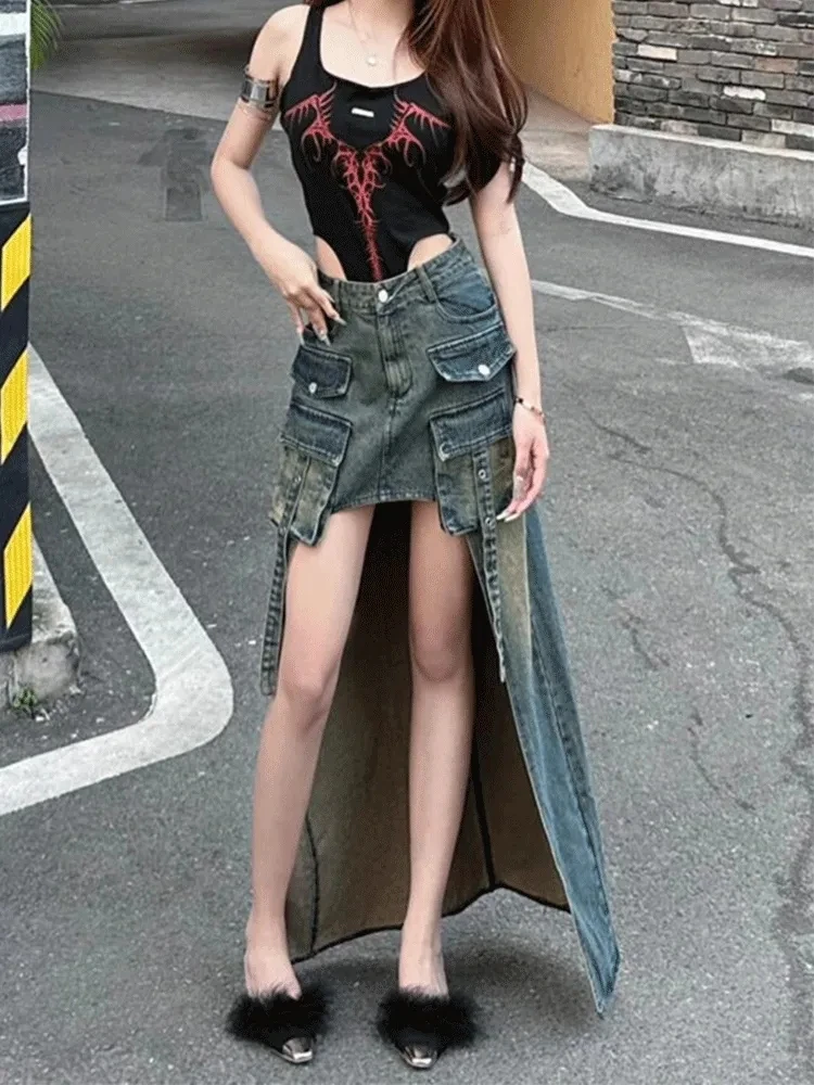 Women's A-line Cargo Denim Skirt Vintage Aesthetic Y2k Long Jean Skirt Harajuku Korean Asymmetrical Cowboy Skirts 2000s Clothes