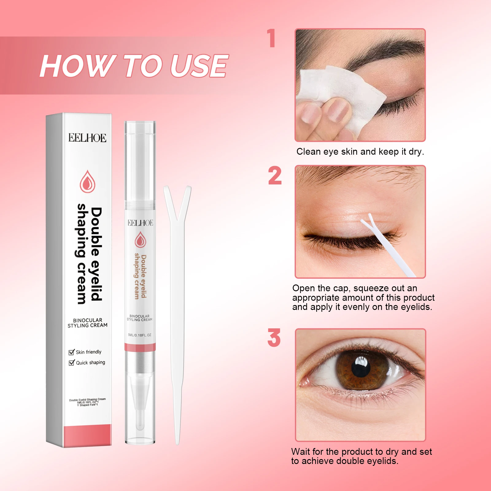 EELHOE Krem-gel do modelowania powiek, naturalny makijaż, szybkoschnący, niewidoczny klej do powiek, łatwy w użyciu z patyczkiem Y
