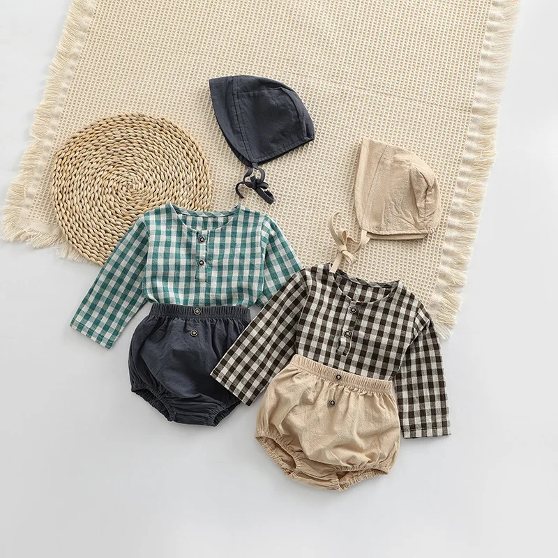 

Комплект из 3 предметов, осенняя одежда для маленьких мальчиков и девочек, клетчатый пуловер с длинным рукавом, топы, шаровары, шорты с шляпой, наряд, женский костюм