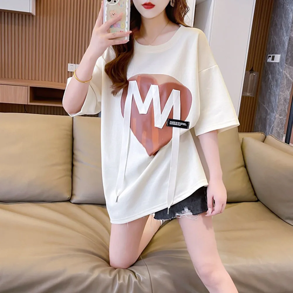 Korean Clothes Female 2024 Summer New Med-long Looes T-shrits For Women Fashion Casual Tees Cotton Short Sleeve Ladies Tops