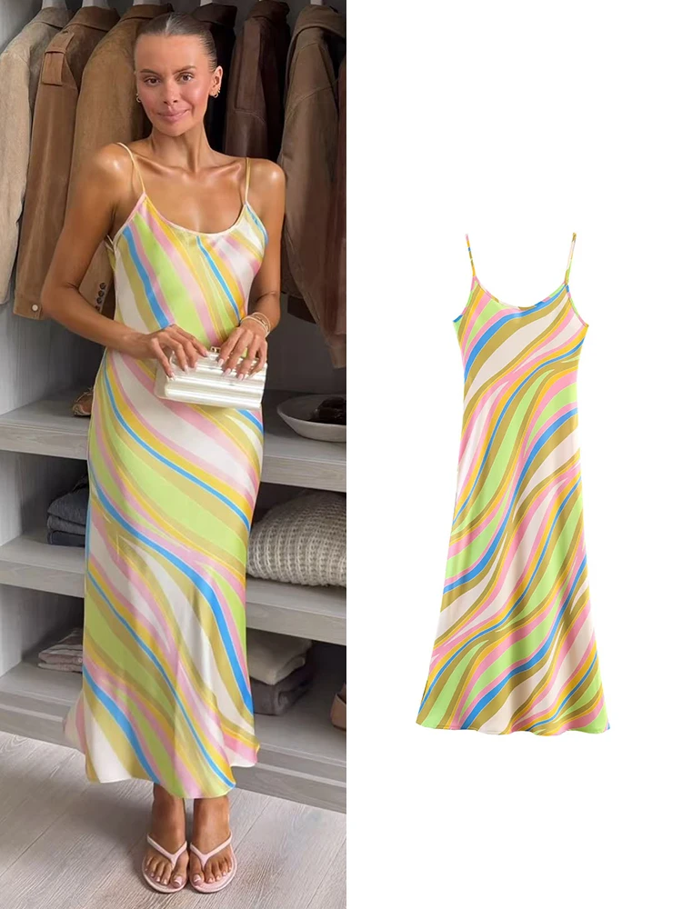 TFMLN Damen-Kleid mit gestreiftem Spaghetti-Träger, ärmellos, rückenfrei, Regenbogen-Print, Strandkleider, neues Sommer-Party-Chic-Damen-Outfit