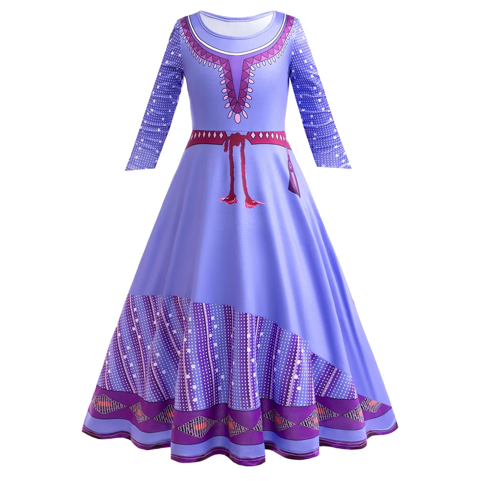 Princess Cosplay  Asha Costume  Purple Print Elastic Frocks Carnival Stage Performance Girls Birthday Gifts