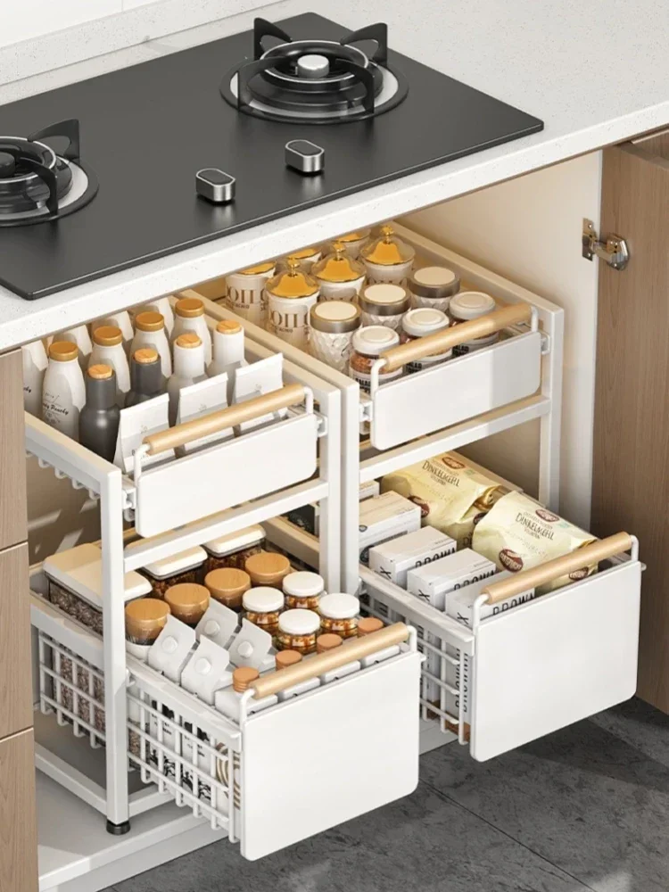 シンク下収納ラック引き出しキャビネットオーガナイザーキッチンスライド引き出し収納バスケットハンドルボウルプレートラックホルダー棚