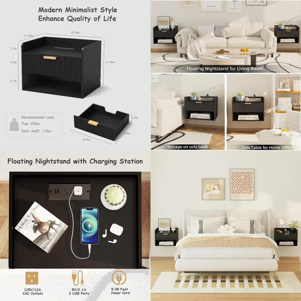 

2-Piece Floating Nightstand Set with Charging Station, Wall-Mounted Nightstand with Drawer and Shelf, Minimalist Black Wood Nigh