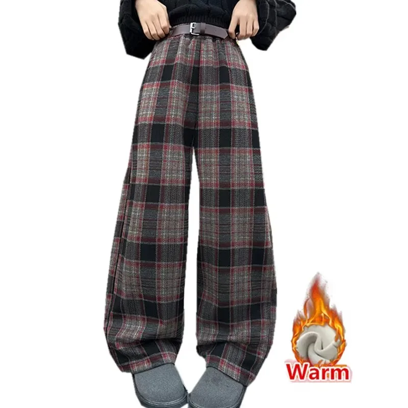 

Kids Casual Winter Plaid Pants With Belt For Girls Warm Fleece-lined Thickened Sweatpants High Waist Wear Thermal Trousers 5-14T